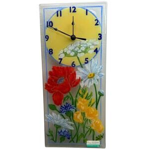 RARE VINTAGE PEGGY KARR 14" Handmade Floral Fused Art Glass Working Clock USA